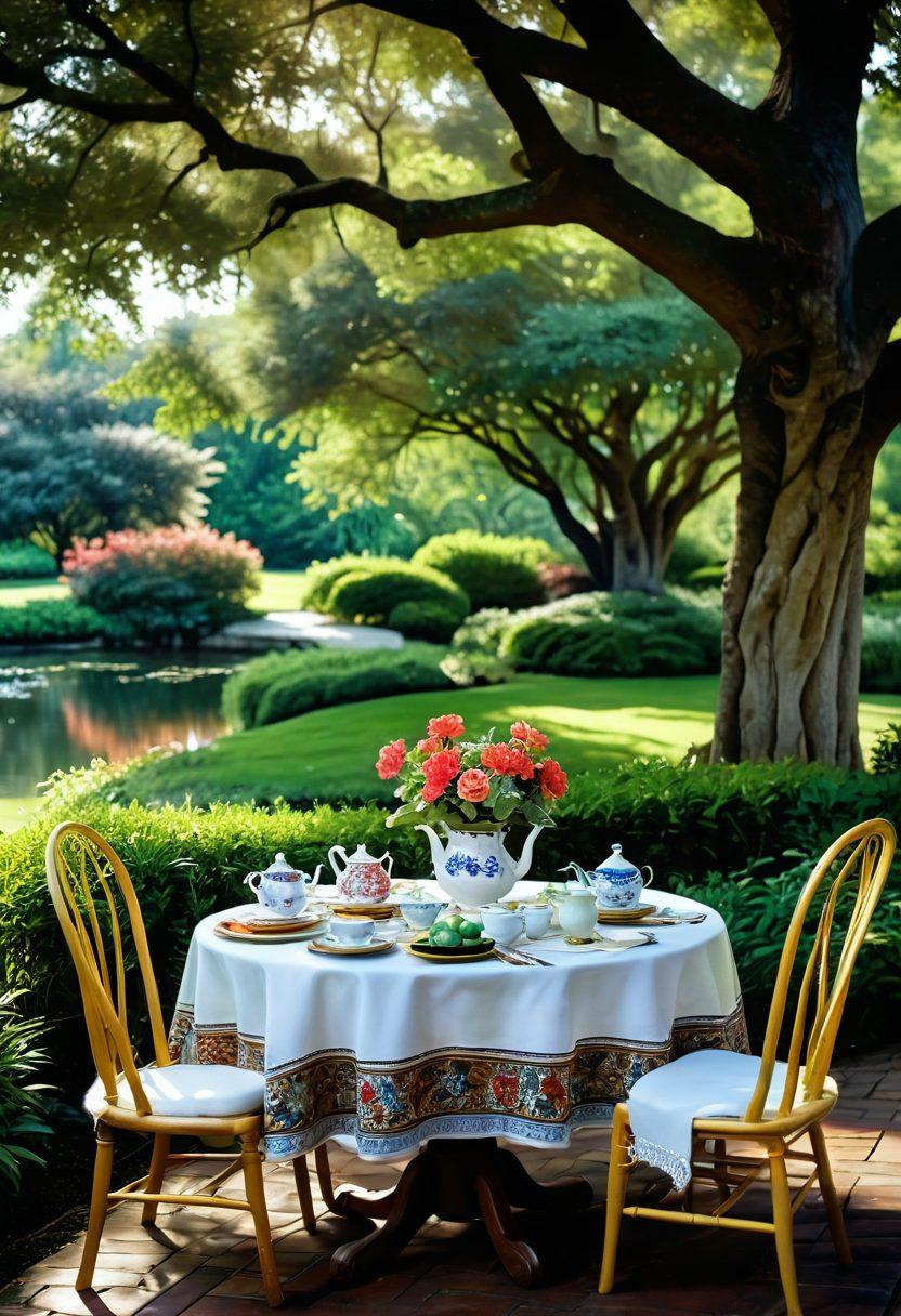 A serene scene featuring an elegantly set tea table adorned with fine china, surrounded by lush green gardens. A graceful elder crafting a beautiful tapestry, showcasing cultural motifs from various traditions. Soft sunlight filtering through ancient oak trees, creating a warm and inviting atmosphere. Rich, deep colors contrasted with soft pastels for a timeless feel. painting. vibrant colors.