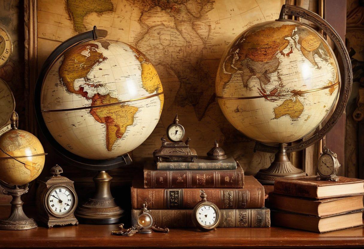 An enchanting collage of antique treasures, including vintage globes, ornate clocks, and weathered books, layered against a faded world map. Soft, warm lighting gives a nostalgic glow, highlighting intricate details and textures of the antiques. In the foreground, a whimsical path winds through the artifacts, inviting the viewer to embark on an adventure through time. Artistic brush strokes and rich earth tones enhance the charm of the scene. painting. warm colors. vintage style.